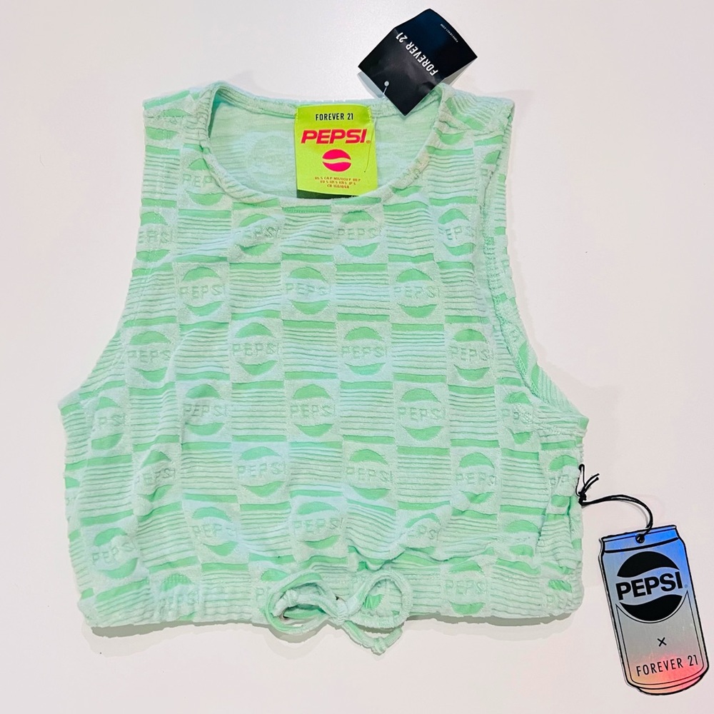 NWT Forever 21 Pepsi Green Logo Checkered Terry Cloth Self Tie Crop Tank Top